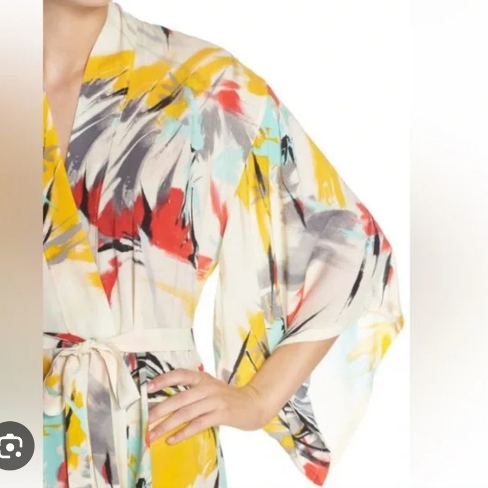 Josie Natori Brush Print Happi Coat Robe. - Picture 4 of 16